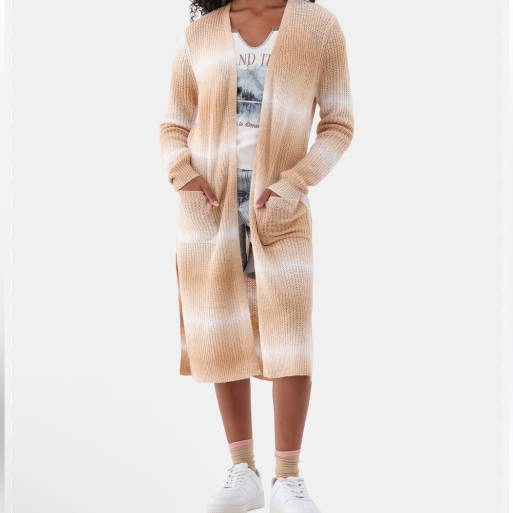 No Boundaries Tan White Ombre Longline Cardigan Duster Sweater Open Front Pocket